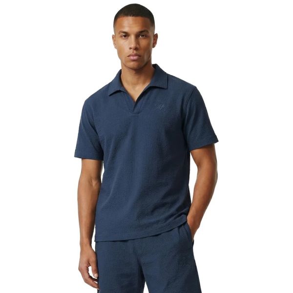 Malelions Emblem Seersucker Buttonless Polo Navy