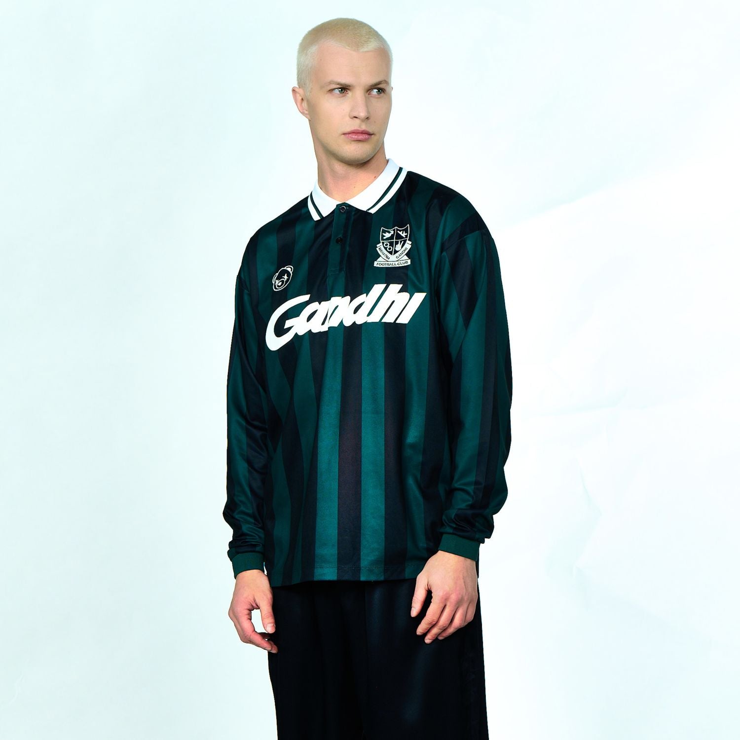 Hopeium Football Striped Longsleeve Polo Donker Groen/Navy