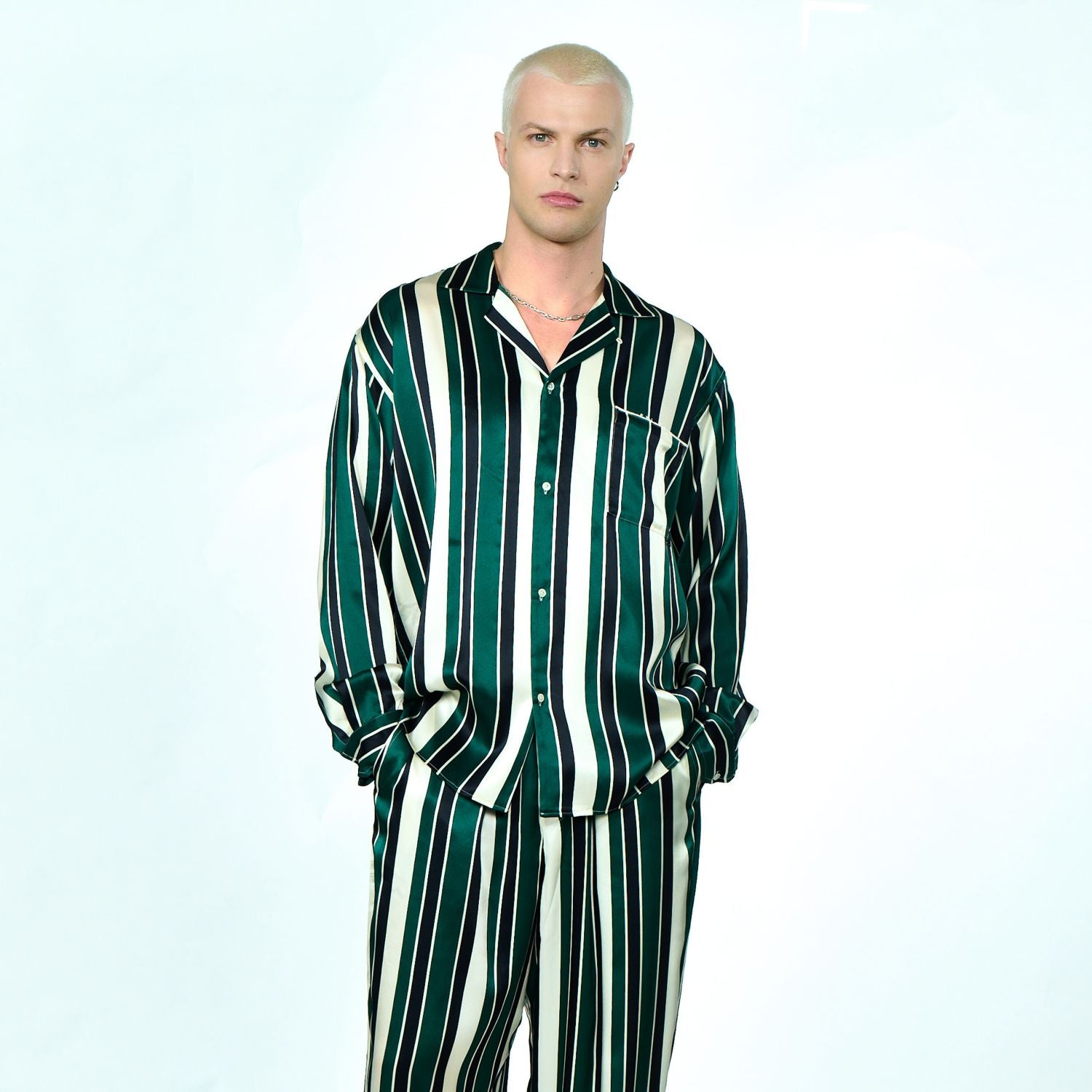 Hopeium Striped Silk Overhemd Donker Groen/Off White/Navy