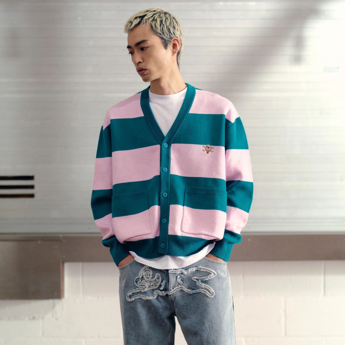 Icecream Cones & Bones Striped Knitted Cardigan Roze/Groen