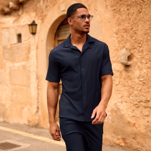 Malelions Ribbed Camp Collar Overhemd Navy