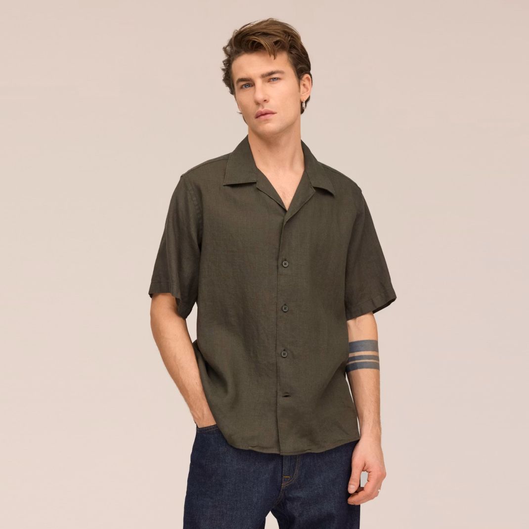 NN.07 Julio Open Collar Linen Overhemd Donker Groen