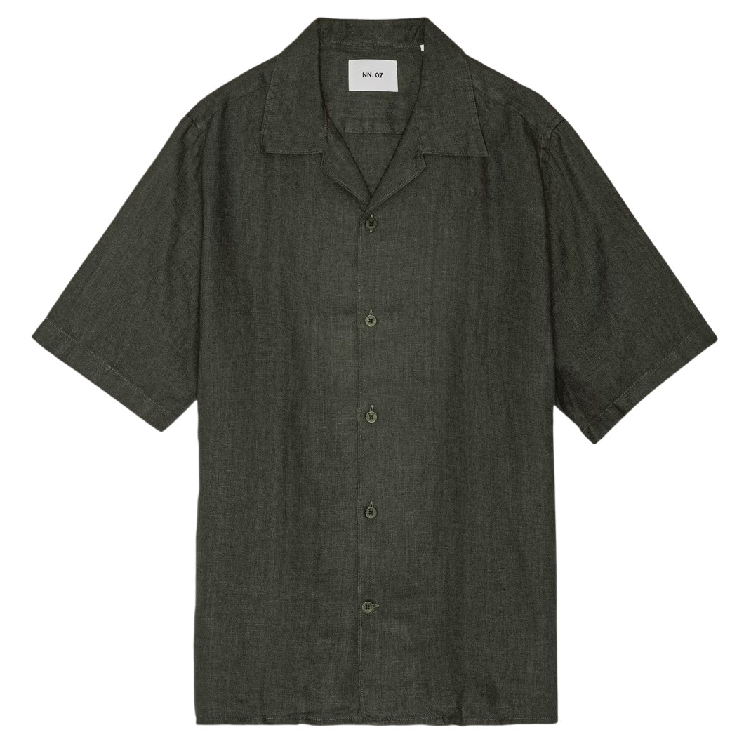 NN.07 Julio Open Collar Linen Overhemd Donker Groen