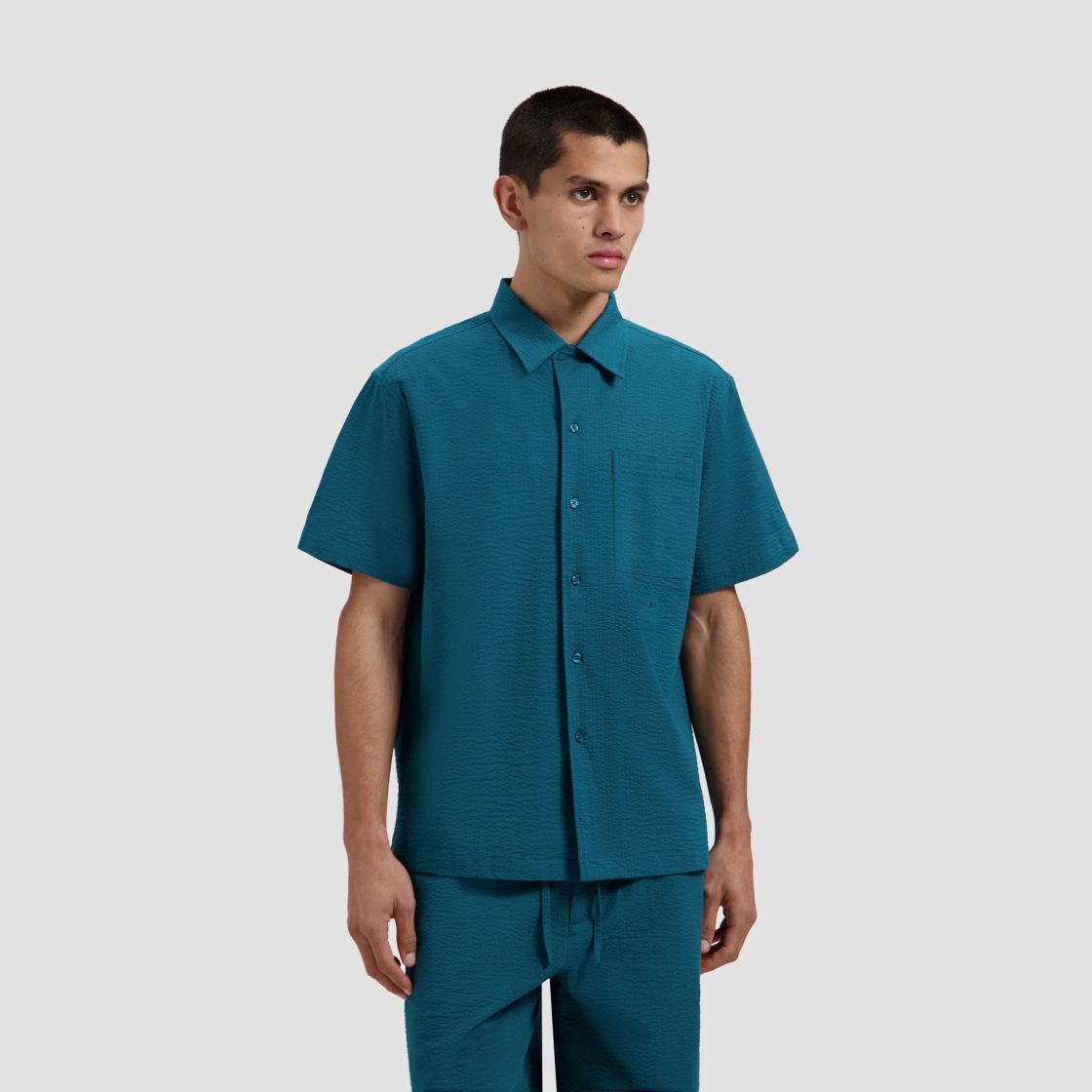 Olaf Seersucker Camp Overhemd Blauw