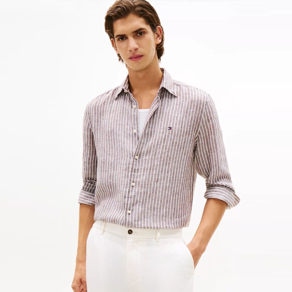 Tommy Hilfiger Linen Bengal Stripe Overhemd Bruin