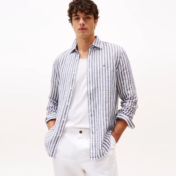Tommy Hilfiger Linen Essential Stripe Overhemd Navy/Wit