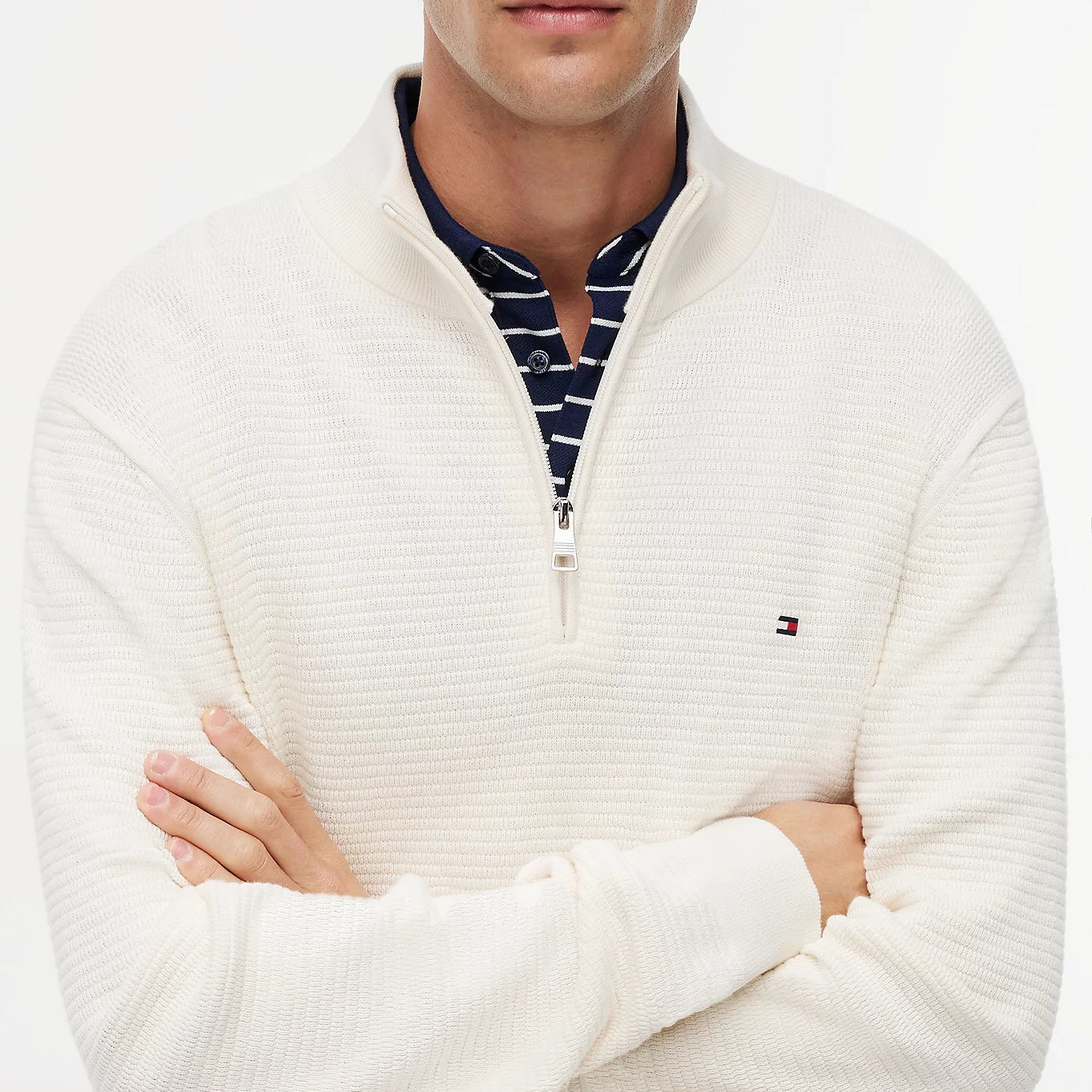 Tommy Hilfiger Textured Half-Zip Mock Neck Sweater Off White