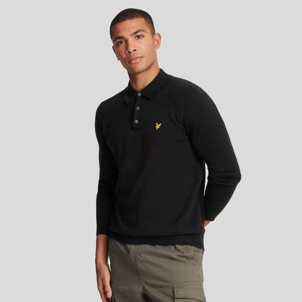 Lyle & Scott Cotton Merino Knitted Longsleeve Polo Zwart