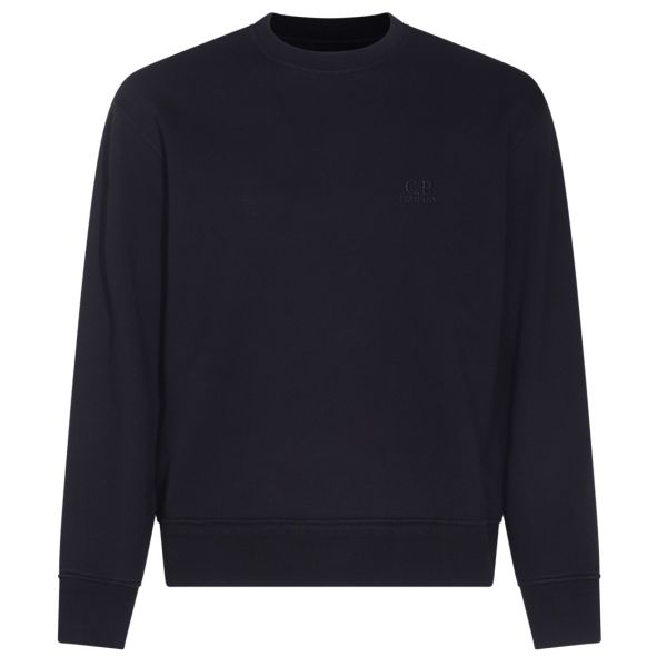 CP Company Cotton Diagonal Fleece Logo Sweater Navy